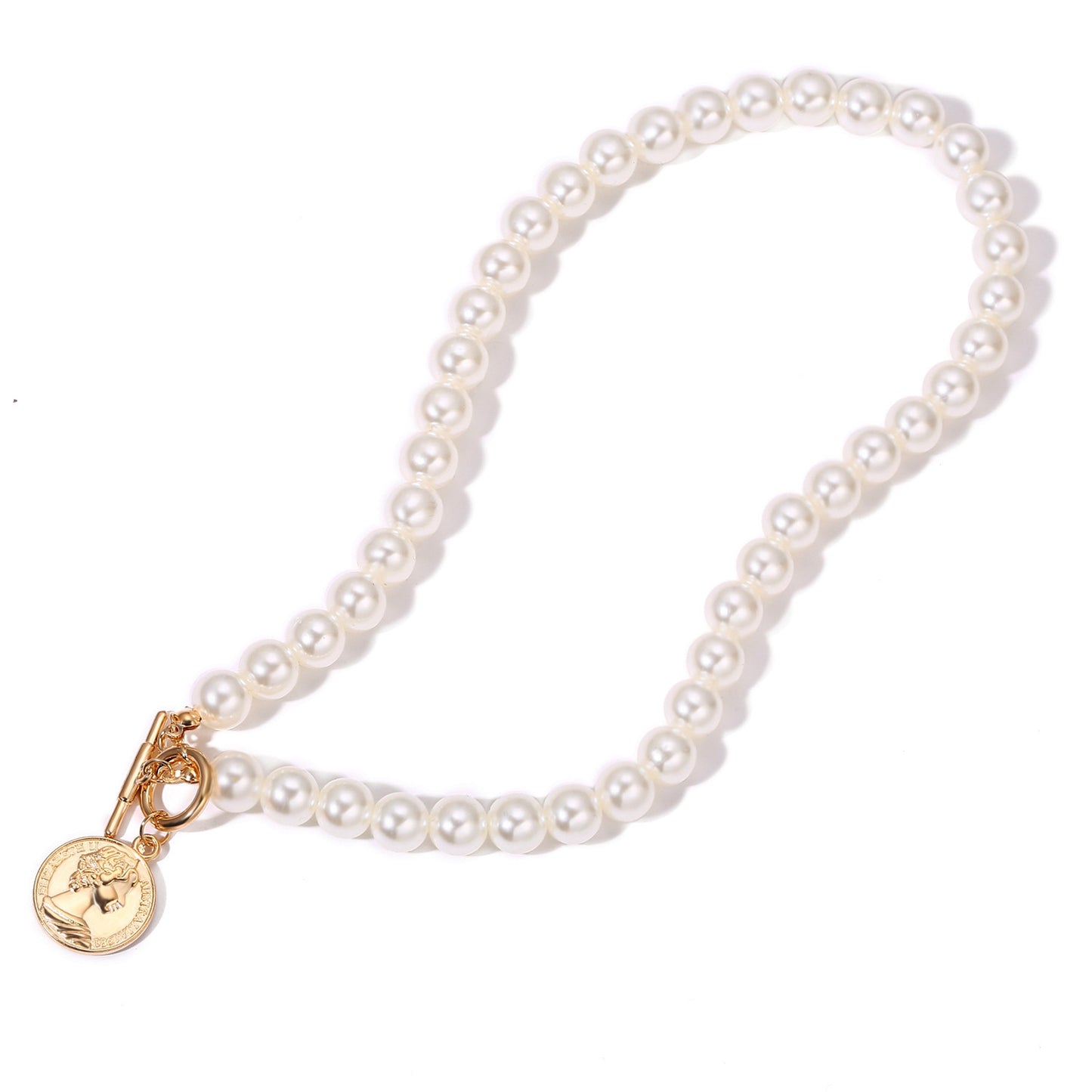 Faux Pearl Coin Pendant Necklace Simple Clavicle Chain