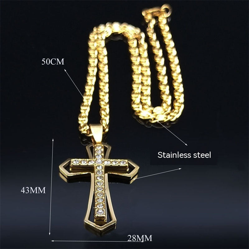 Crystal Pendant Men's Chain Necklace Gold Stainless Steel