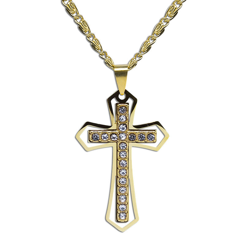 Crystal Pendant Men's Chain Necklace Gold Stainless Steel