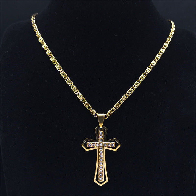 Crystal Pendant Men's Chain Necklace Gold Stainless Steel