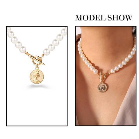 Faux Pearl Coin Pendant Necklace Simple Clavicle Chain