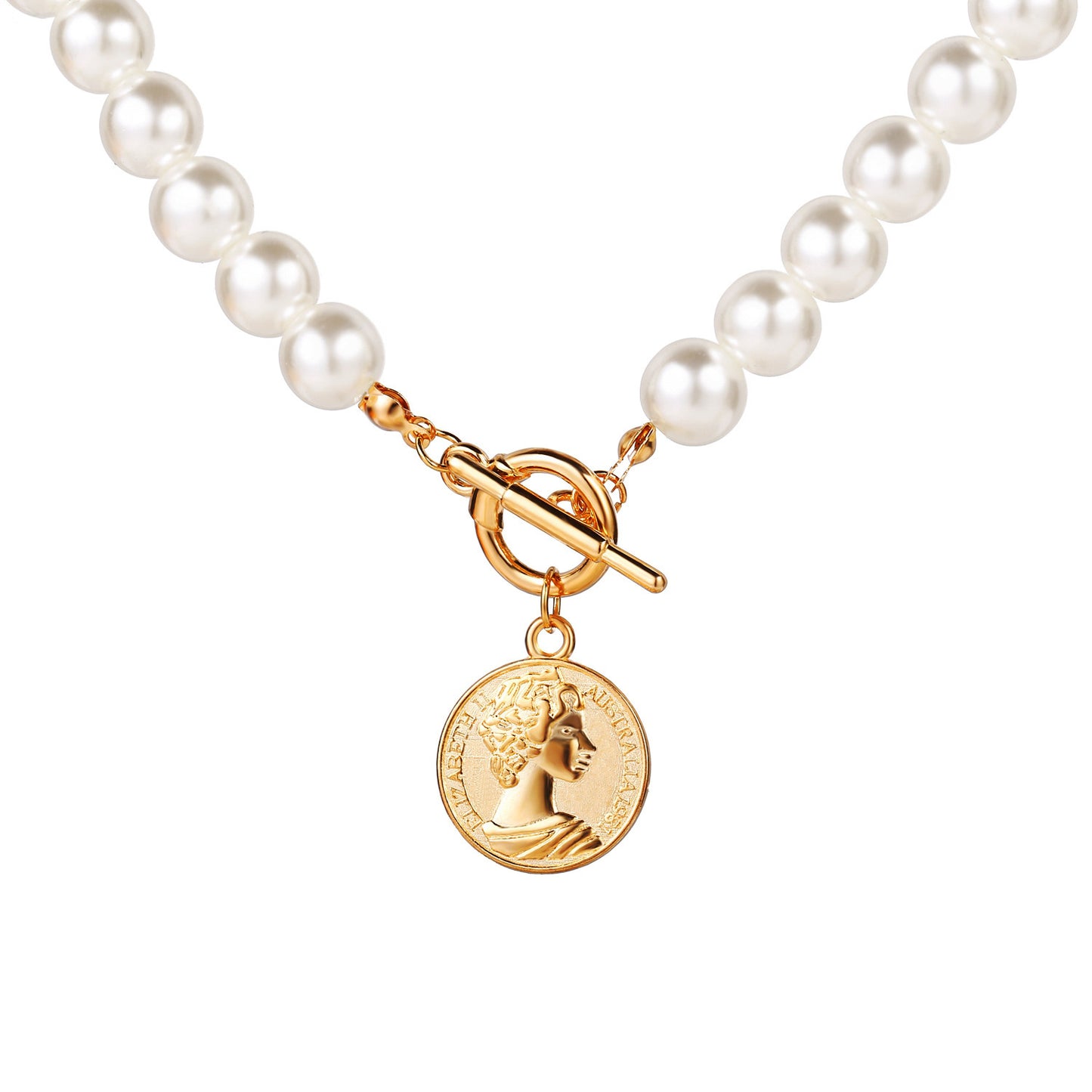 Faux Pearl Coin Pendant Necklace Simple Clavicle Chain