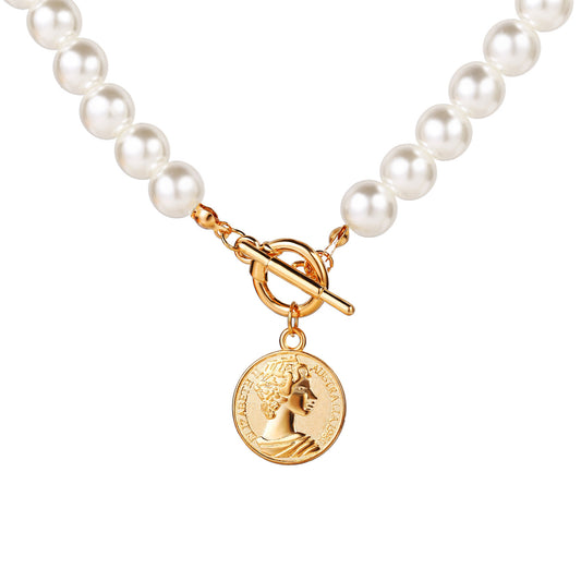 Faux Pearl Coin Pendant Necklace Simple Clavicle Chain